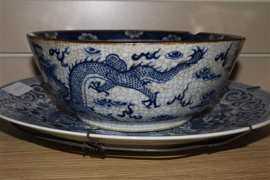 A Chinese blue and white dragon dish and a blue and white crackle glaze bowl, 19th century 37 & 26cm.